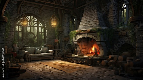 Fireplace in the old abandoned house. AI generated art illustration.