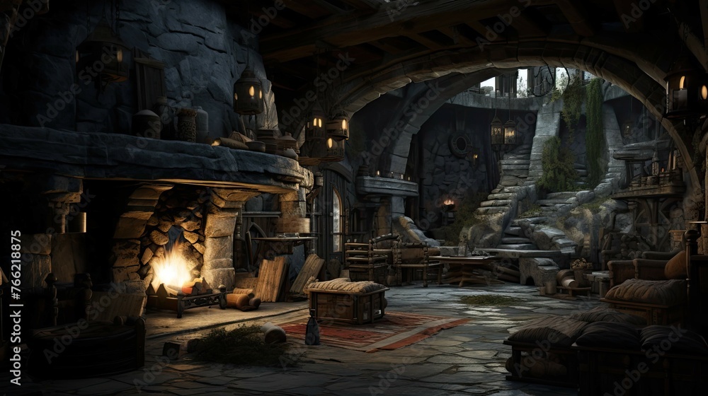 Fireplace in the old abandoned house. AI generated art illustration. Fireplace in the old abandoned house. AI generated art illustration.
