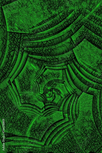 Complex dark green 3D curved spiral structure dark green half-tone style on black background