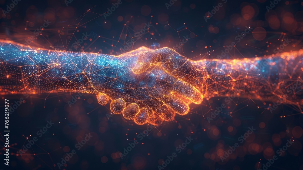 Abstract brothers handshake on pc monitor background. Online best deal or digital business. Low poly wireframe with polygons, particles, lines, and dots. - obrazy, fototapety, plakaty 