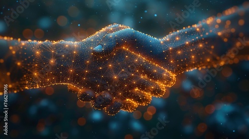 Brotherly handshake on a computer monitor background. Best deal online or digital business. Low poly wireframe with polygons, particles, lines, and connected dots.