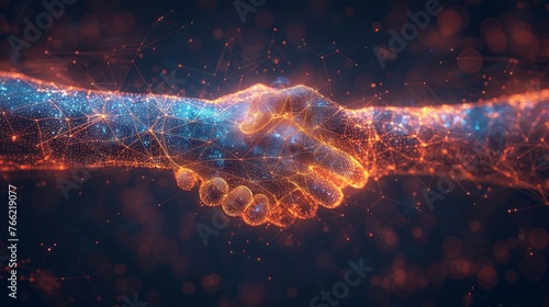 Abstract brothers handshake on pc monitor background. Online best deal or digital business. Low poly wireframe with polygons, particles, lines, and dots.