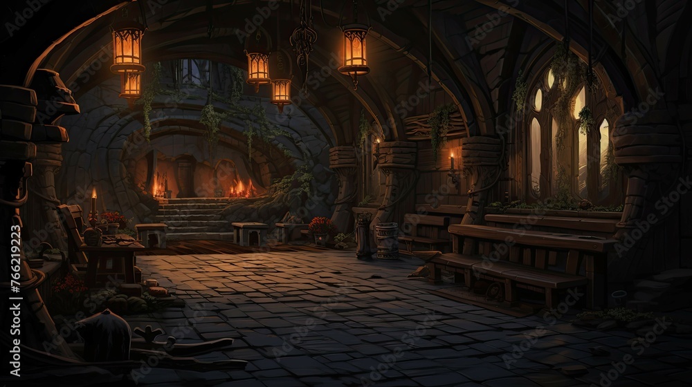 Fireplace in the old abandoned house. AI generated art illustration.