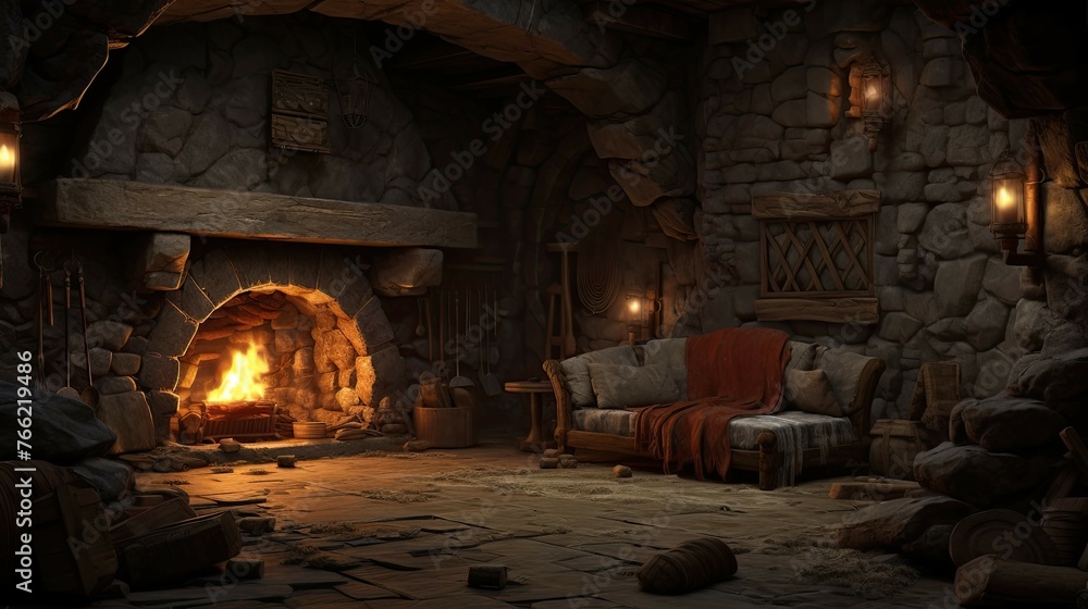 Fireplace in the old abandoned house. AI generated art illustration.