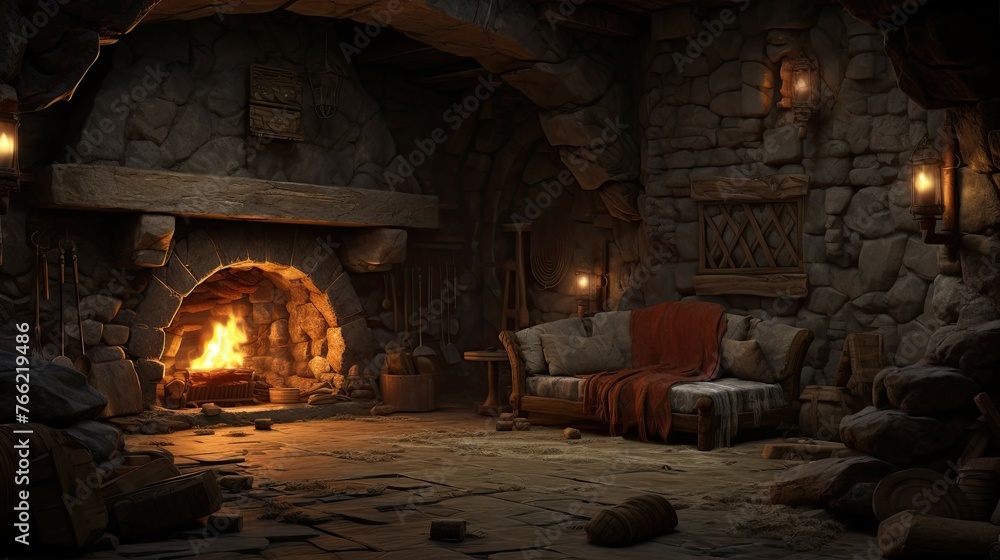 Fireplace in the old abandoned house. AI generated art illustration. Fireplace in the old abandoned house. AI generated art illustration.