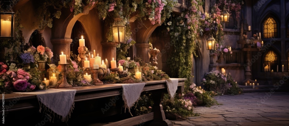 An outdoor event is set in a garden with a beautifully decorated table adorned with candles and flowers. Surrounded by trees and landscape art, the scene creates a magical ambiance in the darkness