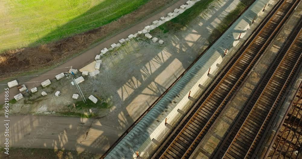 Aerial View Of Railroad Bridge In West Memphis, Arkansas - Drone Shot Aerial View Of Railroad Bridge In West Memphis, Arkansas - Drone Shot