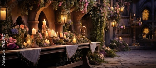 An outdoor event is set in a garden with a beautifully decorated table adorned with candles and flowers. Surrounded by trees and landscape art, the scene creates a magical ambiance in the darkness