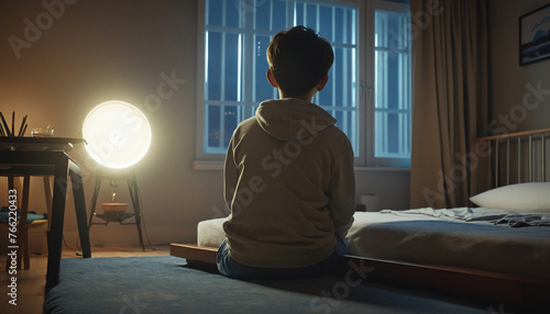 Mysterious light in the room at night and the back of a child sitting colorful background photo
