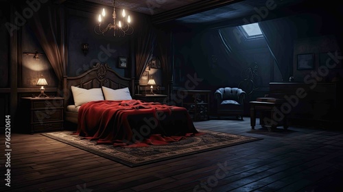 Vampire's Gothic Mansion Bedroom Environment - Interior. AI generated art illustration.   © Fire