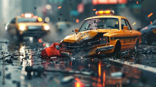 Urban Emergency Response, Hyper-realistic depiction of an emergency response to a car crash on wet urban streets, with vibrant colors and dynamic composition