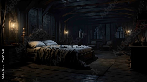 Vampire's Gothic Mansion Bedroom Environment - Interior. AI generated art illustration. 