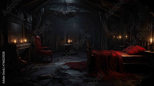 Vampire's Gothic Mansion Bedroom Environment - Interior. AI generated art illustration. 