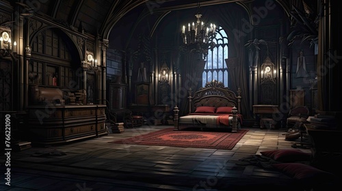 Vampire's Gothic Mansion Bedroom Environment - Interior. AI generated art illustration.	 