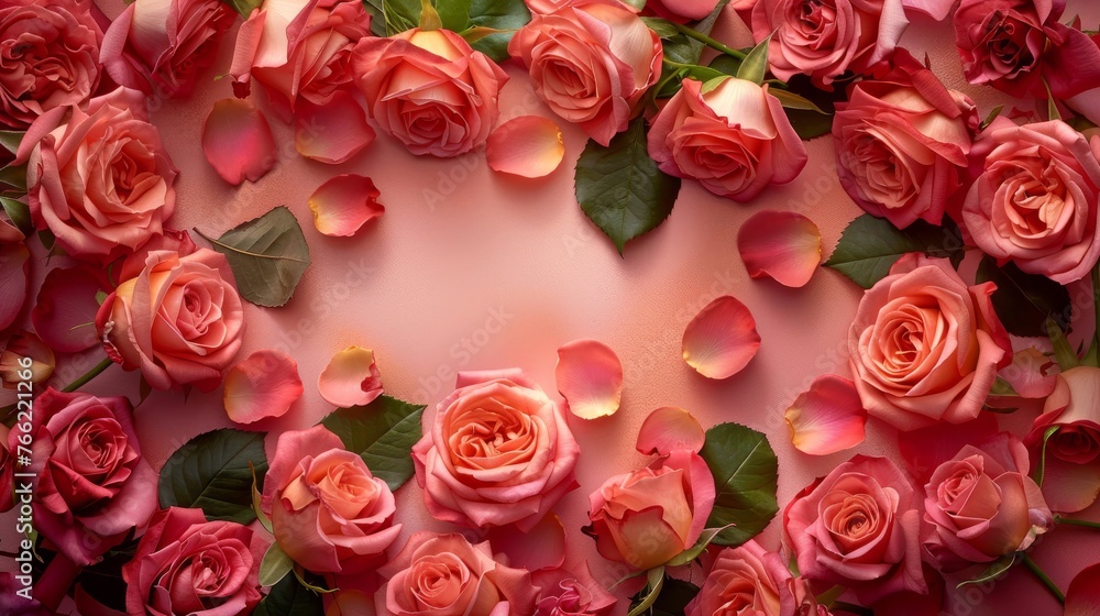 A delightful composition of blooming roses and scattered petals arranged in a decorative frame, providing ample room for customized elements in the center A delightful composition of blooming roses and scattered petals arranged in a decorative frame, providing ample room for customized elements in the center