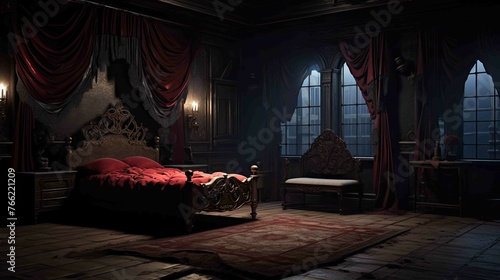 Vampire's Gothic Mansion Bedroom Environment - Interior. AI generated art illustration.	 