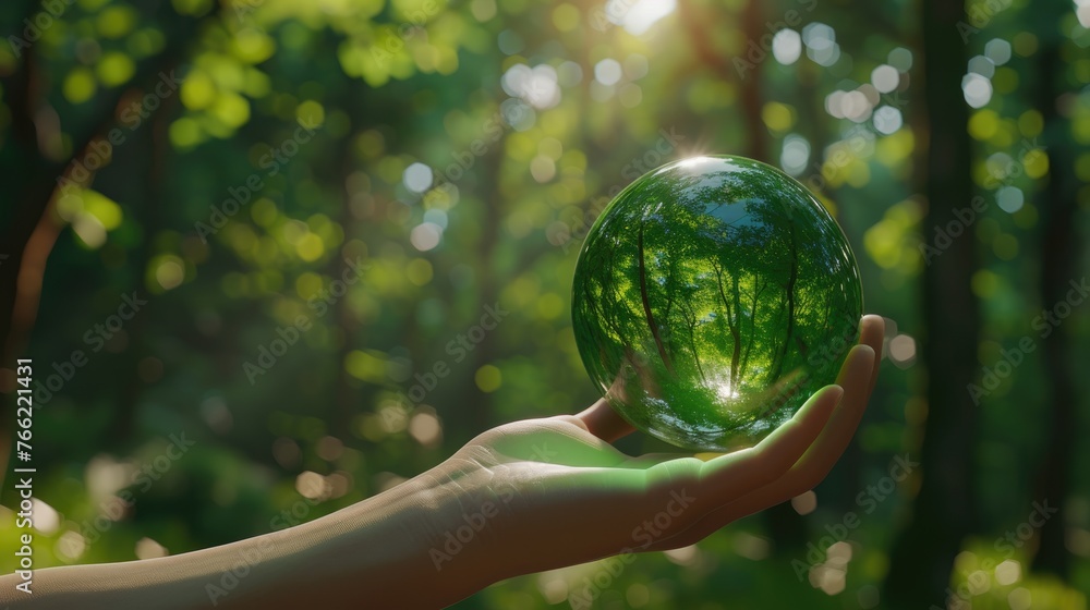 Nature's Embrace in Glass, hand holds a clear glass orb, reflecting a lush green forest, symbolizing the delicate balance and beauty of nature in our hands Nature's Embrace in Glass, hand holds a clear glass orb, reflecting a lush green forest, symbolizing the delicate balance and beauty of nature in our hands