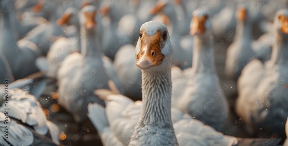 Geese Gathering Advocacy, close-up view of geese with an expressive gaze, symbolically advocating against the practice of force-feeding for foie gras production - obrazy, fototapety, plakaty 
