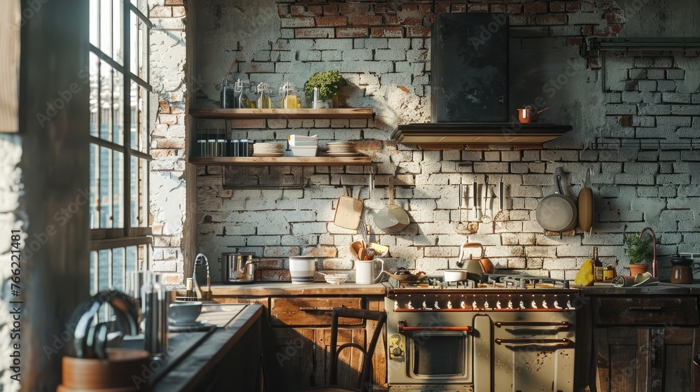 Loft Style Kitchen Warmth, cozy industrial loft kitchen with sun streaming in, showcasing a blend of vintage culinary tools and modern design elements