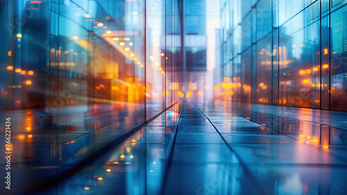 Urban Elegance: View Through Blurred Glass Wall into Active Business Hub