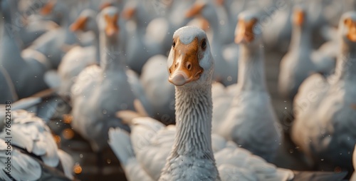 Geese Gathering Advocacy, close-up view of geese with an expressive gaze, symbolically advocating against the practice of force-feeding for foie gras production