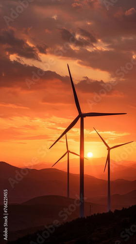 Wind Turbines Against Dramatic Sunset Sky 