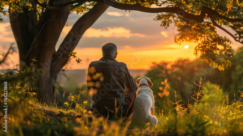Elderly Individual and Dog at Sunset in Nature 