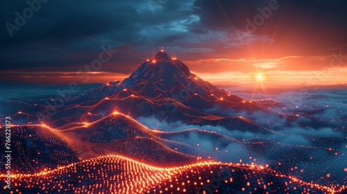 Future technology blue background with a digital target on the summit of a mountain. Abstract success concept. Venture to the top. Futuristic high poly wireframe modern illustration.