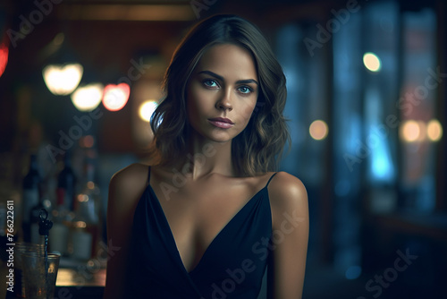 A contemplative woman sits in a moody lit bar setting.