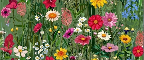 Illustration of a flower meadow in spring. Generative AI. © Abeeha