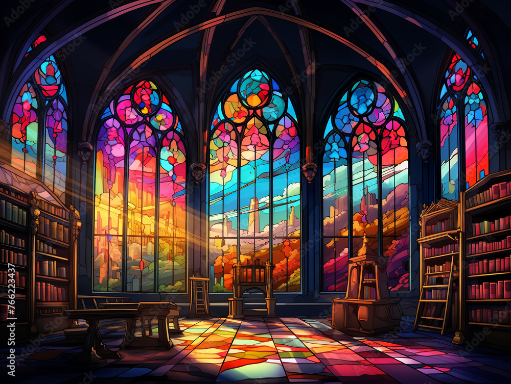 Neogothic metaverse library digital stained glass low angle vibrant morning colors , graphic design Neogothic metaverse library digital stained glass low angle vibrant morning colors , graphic design