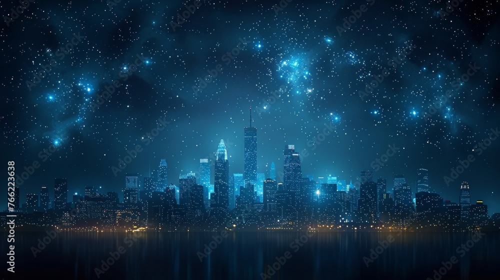 Conceptual image representing a cityscape as a starry sky or space with points, lines, and shapes in the form of planets, stars, and the universe.