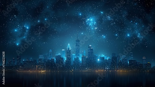 Conceptual image representing a cityscape as a starry sky or space with points  lines  and shapes in the form of planets  stars  and the universe.