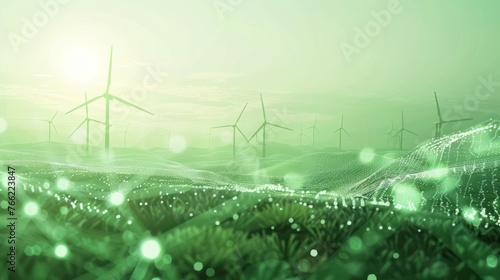 Several windmills lined up in a row. Clean energy concept. Technology green color palette