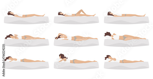 Correct and incorrect sleeping body posture. Healthy sleeping position spine in various mattresses and pillow. Caring for health of back, neck. Comparative vector illustration