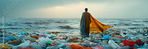  Vast open ocean waves beneath a carpet of colored plastic garbage, Middle-aged man in colorful large plastic shawl walking on endless ocean.  photo