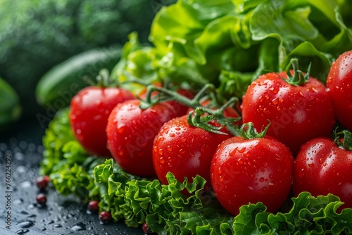 Branch of red cherry tomatoes on lettuce leaves, vegetarian background, healthy eating, harvest, selective background