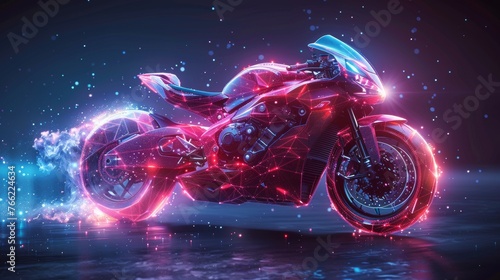 A motorcycle racing abstract image with points, lines, and shapes in the shape of planets, stars, and the universe forming a starry sky. Modern wireframe concept.