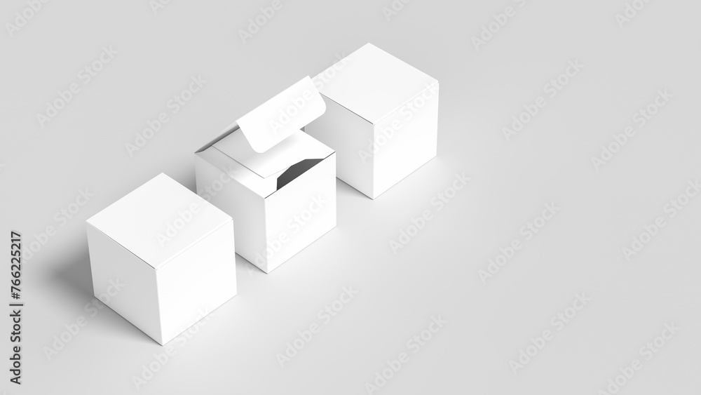 Cube box mock up isolated on white background. Product packaging box mock up. 3D illustration. Cube box mock up isolated on white background. Product packaging box mock up. 3D illustration.