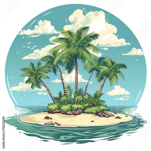 island with palm trees in the sea and ocean. Watercolor style illustration