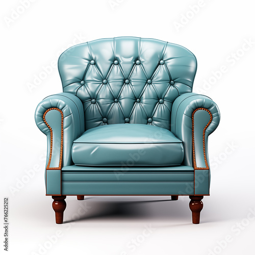 a blue leather chair with brown legs