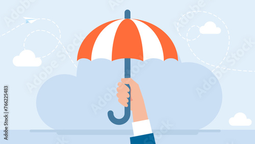 Hand of man holding an umbrella. Cartoon style. Business metaphor. Protection concept. Security symbol. Human hand holding open red and white umbrella. Vector illustration.
