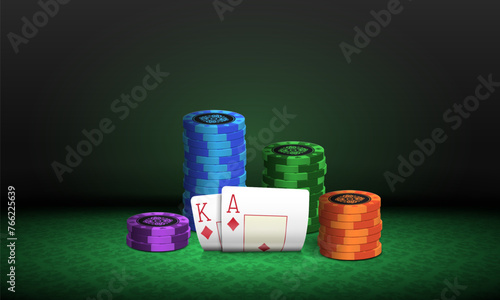 Poker table with chips and cards. Vector illustration.