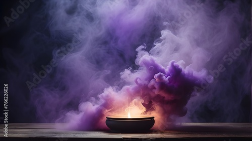 A dramatic smoke or fog effect with a purple, menacing glow is created by smoke shooting forth from a round, empty center, creating a spooky Halloween background.