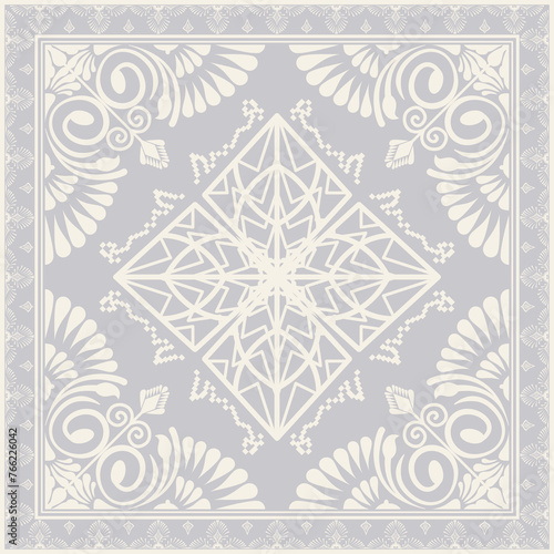 Hijab scarf flower abstract pattern.Ethnic geometric ornament with frame motif border hijab pattern.Design for fabric,print,scarves,shawl,kerchief,bandana,clothing,pareo,pillows,tablecloth,decoration.