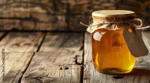 A jar of honey with an empty tag on a wooden background, leaving space for text. product presentation, promotion banner or ad