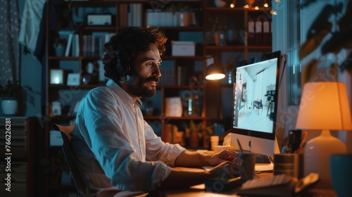 Creative Professional at Workstation, designer focuses intently on his screen in a home office environment, illuminated by the soft glow of his monitors during a productive late-night session