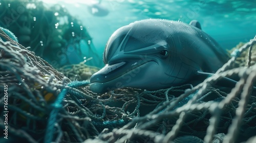 Dolphin in Ocean's Plight, poignant underwater scene capturing a dolphin entangled in fishing nets, highlighting the urgent issue of marine life affected by human waste