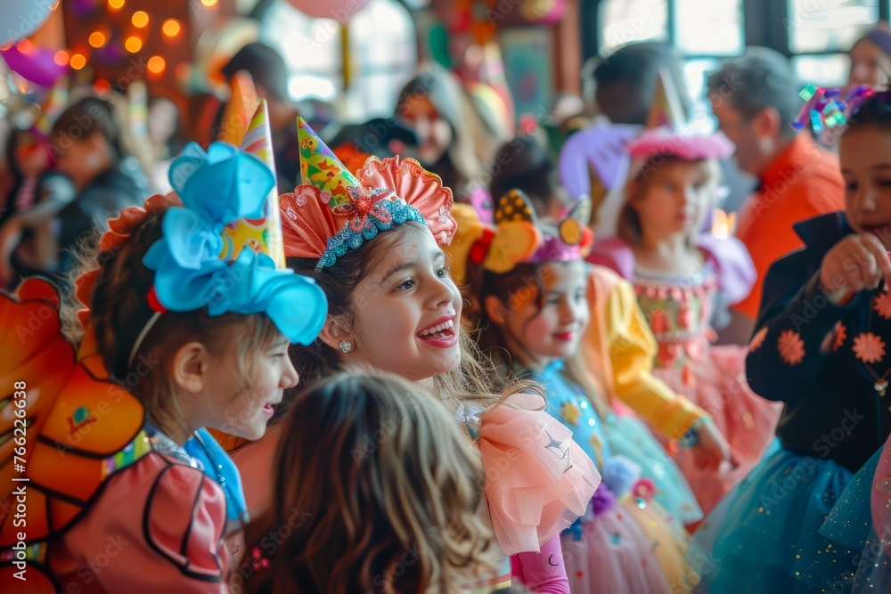 Joyful Children Celebrating Colorful Birthday Party with Costumes, Party Hats, and Happy Faces in Festive Atmosphere Joyful Children Celebrating Colorful Birthday Party with Costumes, Party Hats, and Happy Faces in Festive Atmosphere