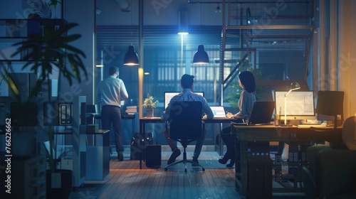  Late Night Office Teamwork, Business team collaborating late at night in an office setting, with the blue-toned lighting accentuating their dedication and focus